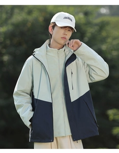 Detail of waterproof 3-in-1 outdoor jacket with fleece lining and adjustable hood