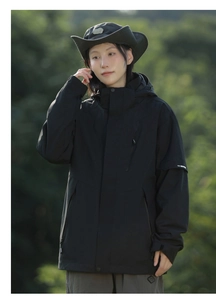 Detail of waterproof outdoor hooded jacket with windproof collar and zipper pockets