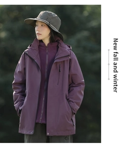 Women's dark purple waterproof jacket with hood for outdoor fall and winter activities