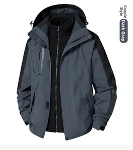 Close-up of dark grey 3-in-1 outdoor jacket with windproof zippers and fleece lining