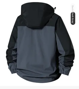 Back view of a waterproof outdoor jacket in dark grey with windproof hood and elastic cuffs