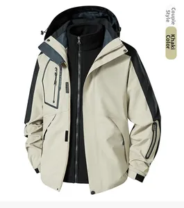 Detail of khaki 3-in-1 waterproof jacket showing the outdoor logo and fleece liner