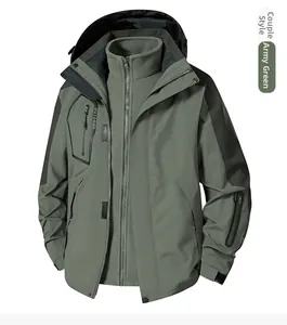 Detail of army green 3-in-1 waterproof jacket with fleece lining and zip pockets