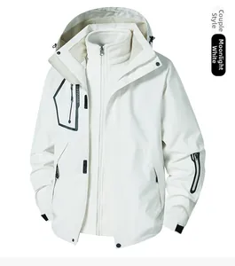 Detail view of the 3-in-1 outdoor jacket in moon white with fleece liner and hood