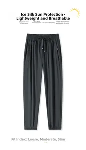 Detail of outdoor ice silk pants showing zip pockets and elastic drawstring waistband