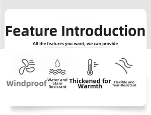 Features list showing windproof, water-resistant, warm, and tear-resistant fabric properties