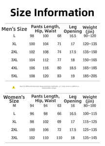 Detailed size chart for quick-dry ice silk sports pants showing men and women measurements