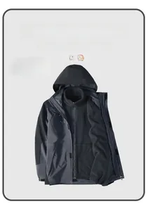 Close-up of a 3-in-1 outdoor jacket featuring a waterproof shell and warm fleece liner
