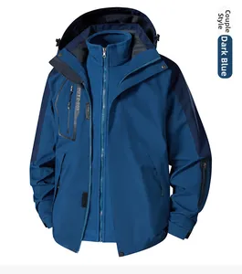 Detail of the dark blue 3-in-1 outdoor jacket with fleece lining and adjustable cuffs