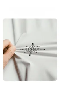 Detail of white ice silk ripstop fabric showing four-way stretch and flexible texture