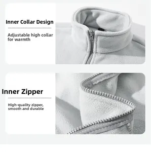 Close-up of light grey fleece jacket liner featuring stand-up collar and quality zipper