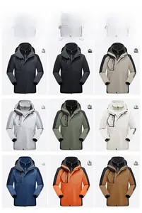 Detail grid of multi-color waterproof 3-in-1 outdoor jackets with functional pockets