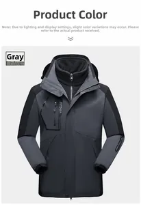 Detail view of charcoal grey 3-in-1 outdoor jacket with fleece liner and waterproof shell