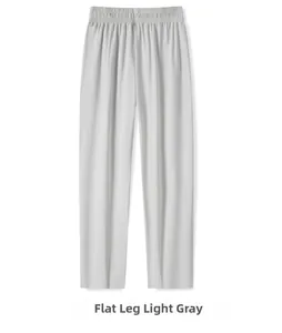 Detail of light gray ice silk pants showing elastic pleated waistband and straight leg cut