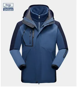 Detail of deep sea blue 3-in-1 outdoor jacket with detachable fleece lining and hood