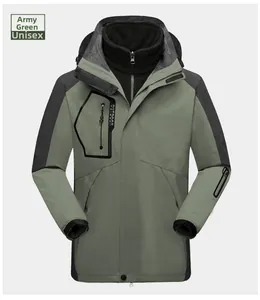 Detail of unisex 3-in-1 outdoor jacket in army green with waterproof zipper pocket