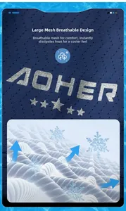 Détail du tissu en maille respirante bleu foncé avec logo AOHER et technologie de fibre