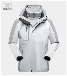 Close-up of unisex 3-in-1 waterproof jacket in silver gray with fleece lining detail