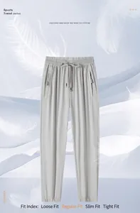 Détail du pantalon en soie glacée gris clair avec poches zippées et taille à cordon