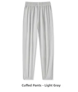 Detail of light gray quick-dry ice silk jogger pants with elastic cuffs and waistband