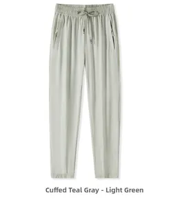 Detail view of tea grey lightweight quick dry jogger pants with elastic drawstring waist