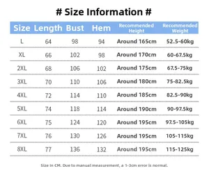 Tableau des tailles détaillé pour t-shirt de sport respirant allant du L au 8XL