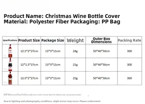 Detailed size chart for Christmas wine bottle covers showing measurements of knitted designs