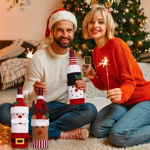 Three-piece Christmas wine bottle covers featuring Santa, reindeer, and snowman designs