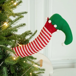 Christmas elf legs decoration with red-white stripes and green plush for holiday tree