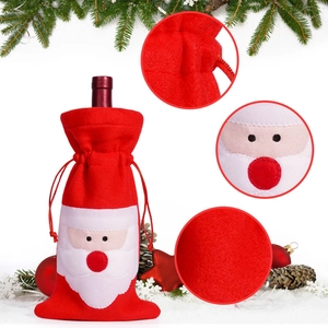 Detail view of Santa Claus wine bottle cover showing drawstring and fabric texture