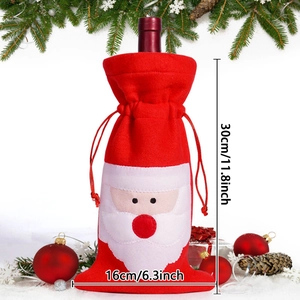 Red felt Christmas wine bottle cover with 3D Santa Claus and drawstring closure