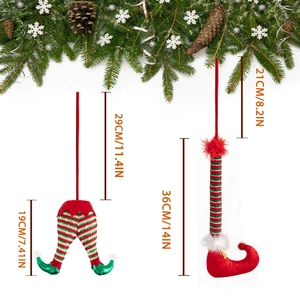 Christmas elf legs tree decorations with red and green stripes and soft plush accents