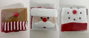 Detail of Christmas wine bottle covers featuring reindeer, Santa, and snowman designs