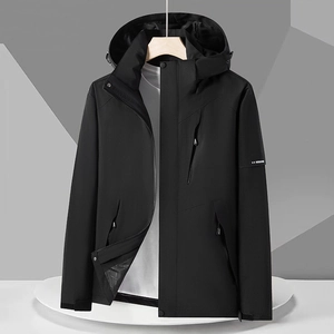 Men's black waterproof outdoor hooded jacket with windproof collar and chest pocket