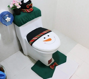Detailed set of snowman themed Christmas toilet lid cover and green flannel bathroom floor mat