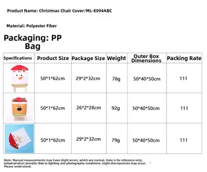 Detailed chart showing Santa and reindeer chair cover dimensions and fabric specifications