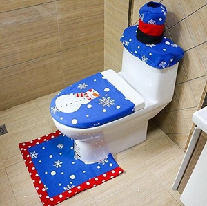 Blue Christmas bathroom set featuring snowman rug, toilet cover, and tissue box case