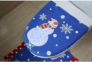 Close-up of royal blue Christmas toilet seat cover with snowman motif and snowflake print