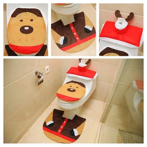 Christmas reindeer toilet seat cover set with matching rug and tank lid decor