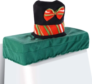 Detailed view of Christmas themed toilet tank cover with green fleece and black top hat