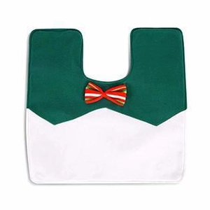 Detailed view of U-shaped bath mat with creative green tuxedo design and bow tie