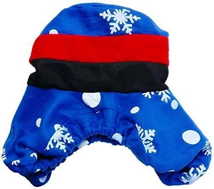 Close-up of knit pet winter hat featuring snowflake patterns and ear protection