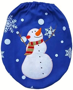 Detail of blue Christmas toilet cover featuring a snowman motif and festive snowflakes