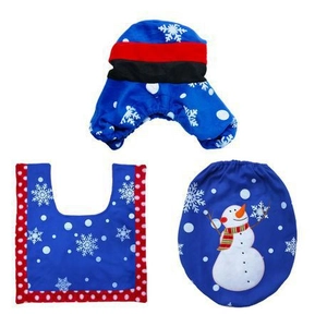 Three-piece Christmas bathroom set with snowman patterns on blue flannel fabric