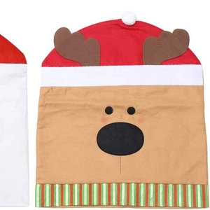 Christmas chair back cover featuring reindeer design with red hat on white background