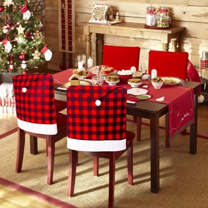 Christmas Buffalo Plaid Chair Covers Polyester Santa Hat Style Back Covers For Dining Room Party Xmas Holiday Home Decor