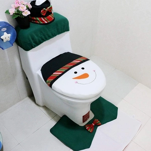 Christmas snowman toilet seat cover set with green tank lid and U-shaped floor mat