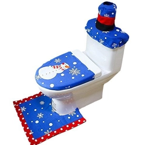 Christmas snowman bathroom set with toilet seat cover, tank lid and blue snowflake rug