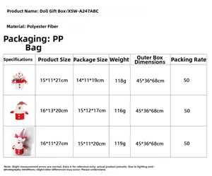 Size chart table for knitted Christmas plush gift boxes featuring Snowman and Santa