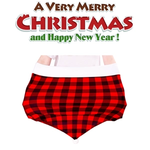 Detail of red and black buffalo plaid Christmas hat with white plush pompom and trim